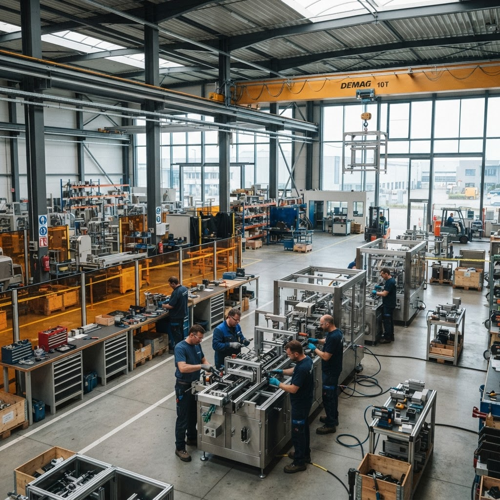 Nestra Packs engineers assembling packing machinery on the factory floor